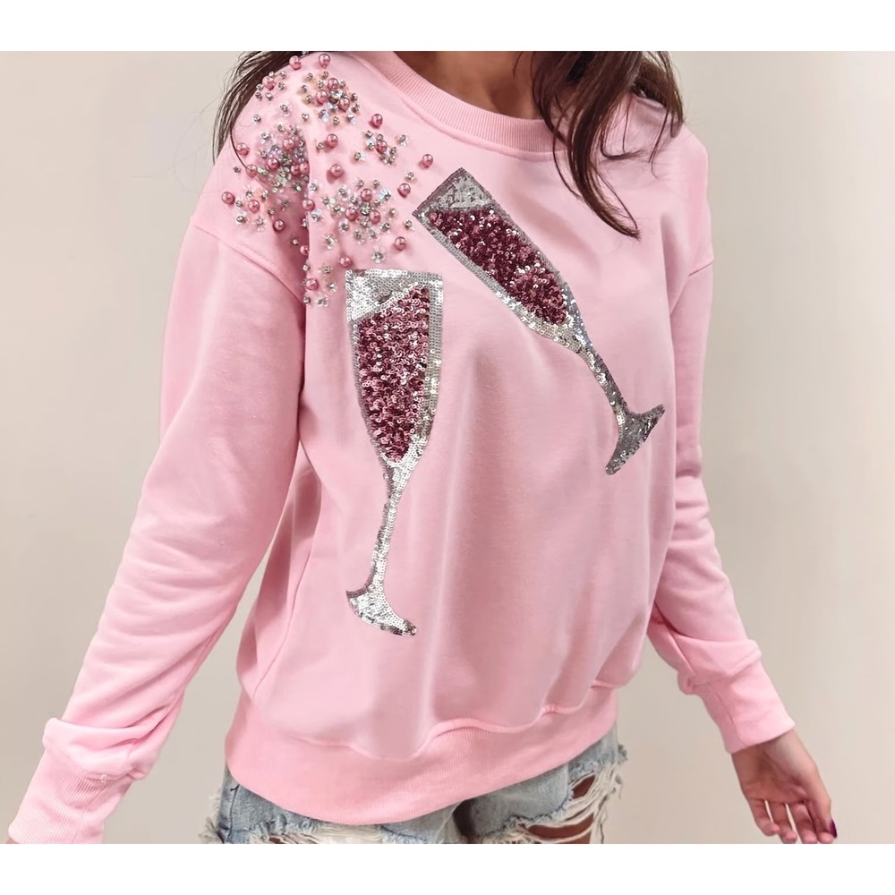 WHY DRESS Champagne‎ Glass Embellished Sweatshirt in Pink, NWT